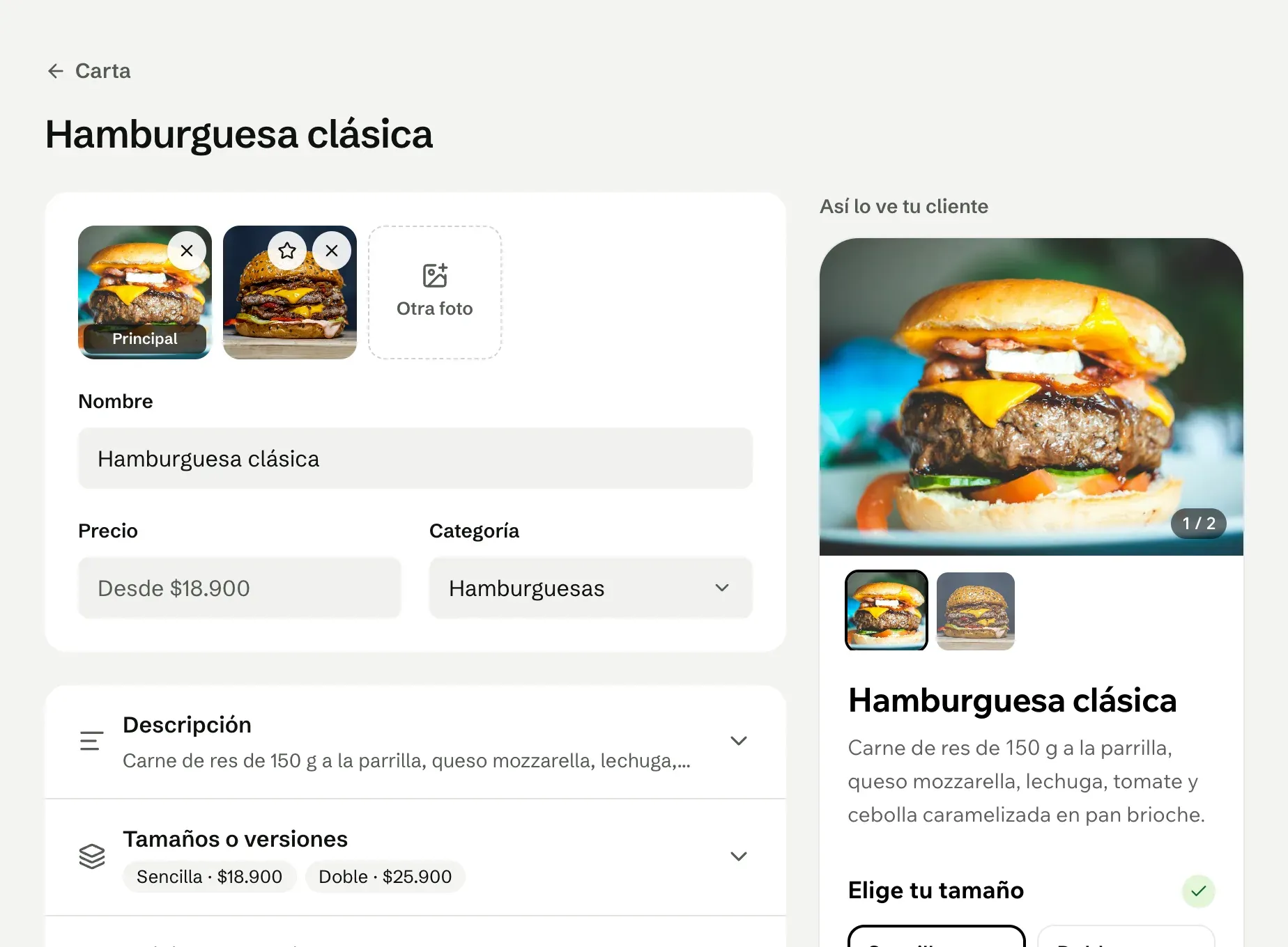 El editor de un producto en el panel, con sus fotos, precio y tamaños, y al lado la vista que tendrá el cliente