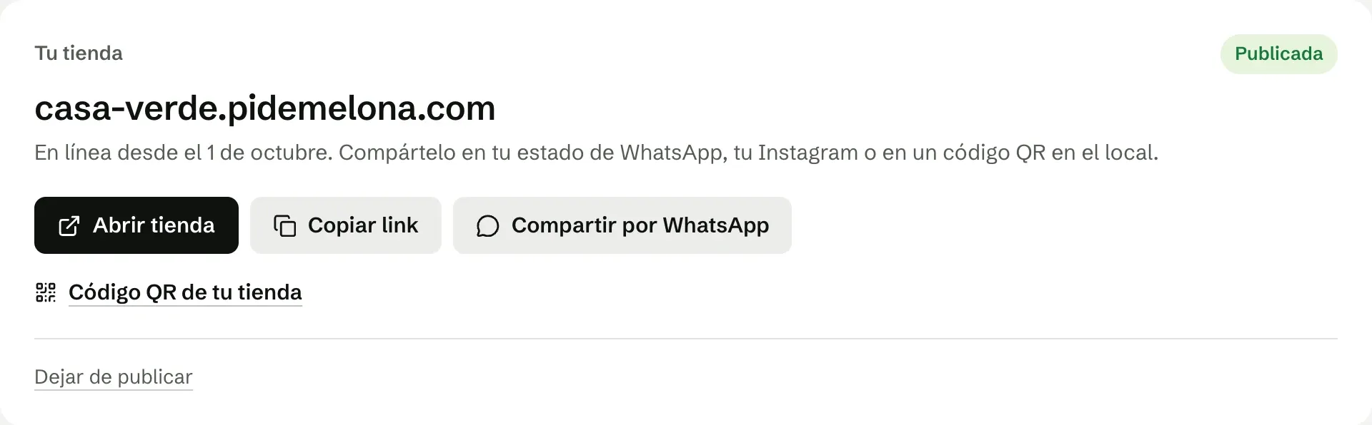 La tarjeta de la tienda publicada, con los botones para abrirla, copiar el link y compartirla