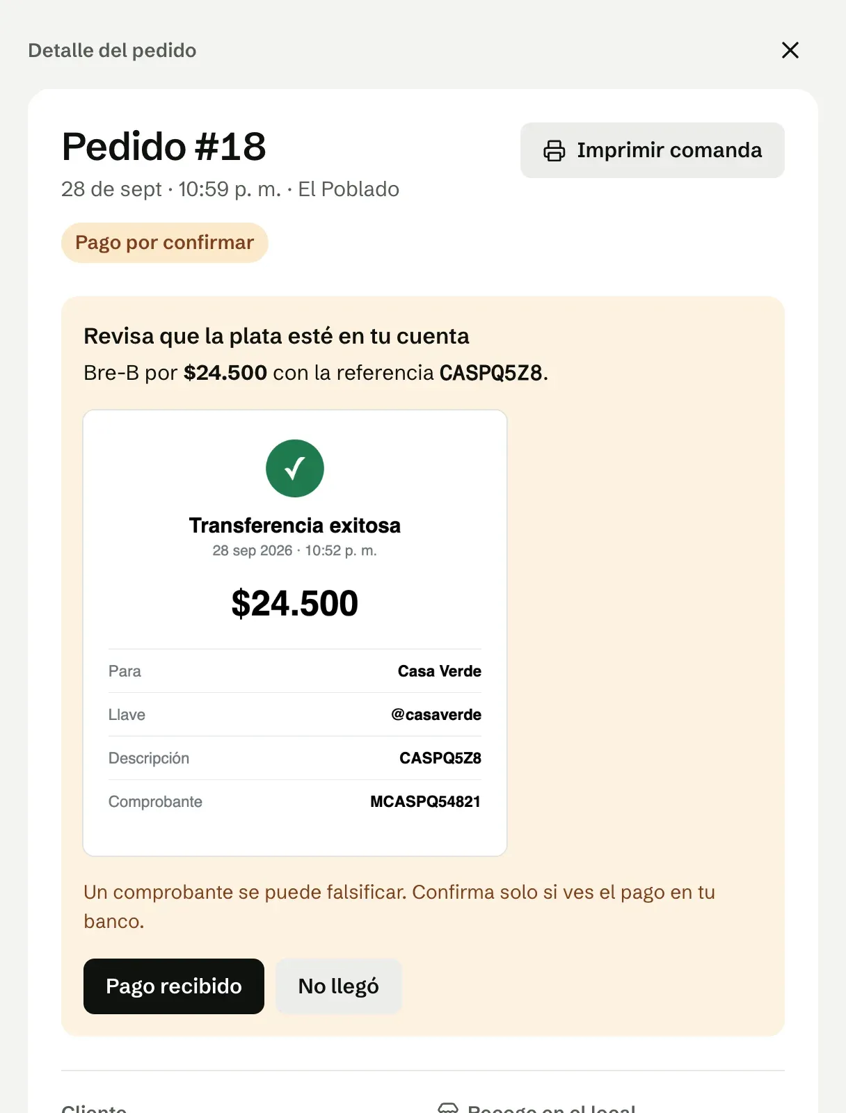 El detalle de un pedido pagado por Bre-B, con el comprobante y los botones para confirmar el pago