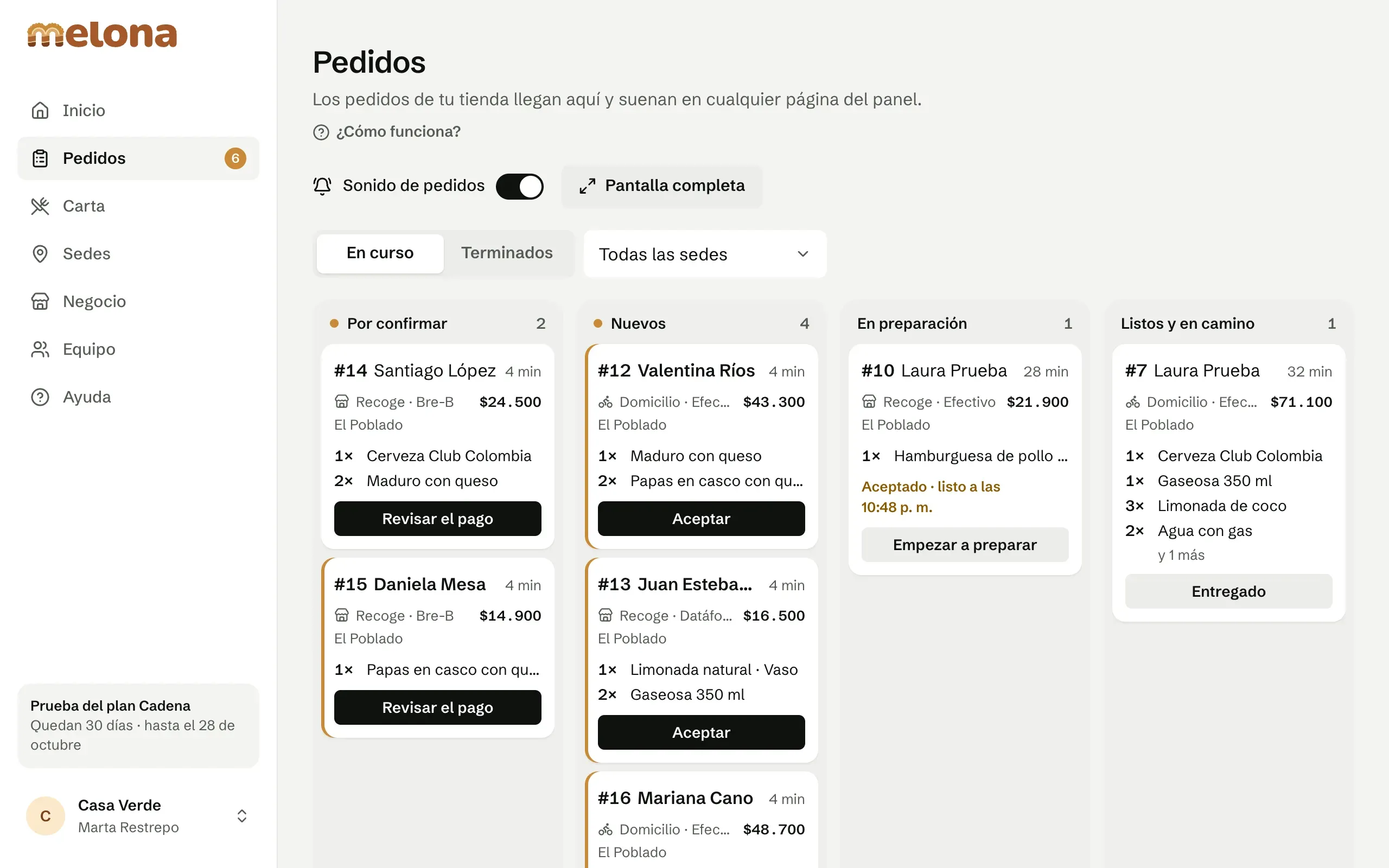 El tablero de pedidos del panel: por confirmar, nuevos, en preparación y listos, con el botón para aceptar cada pedido