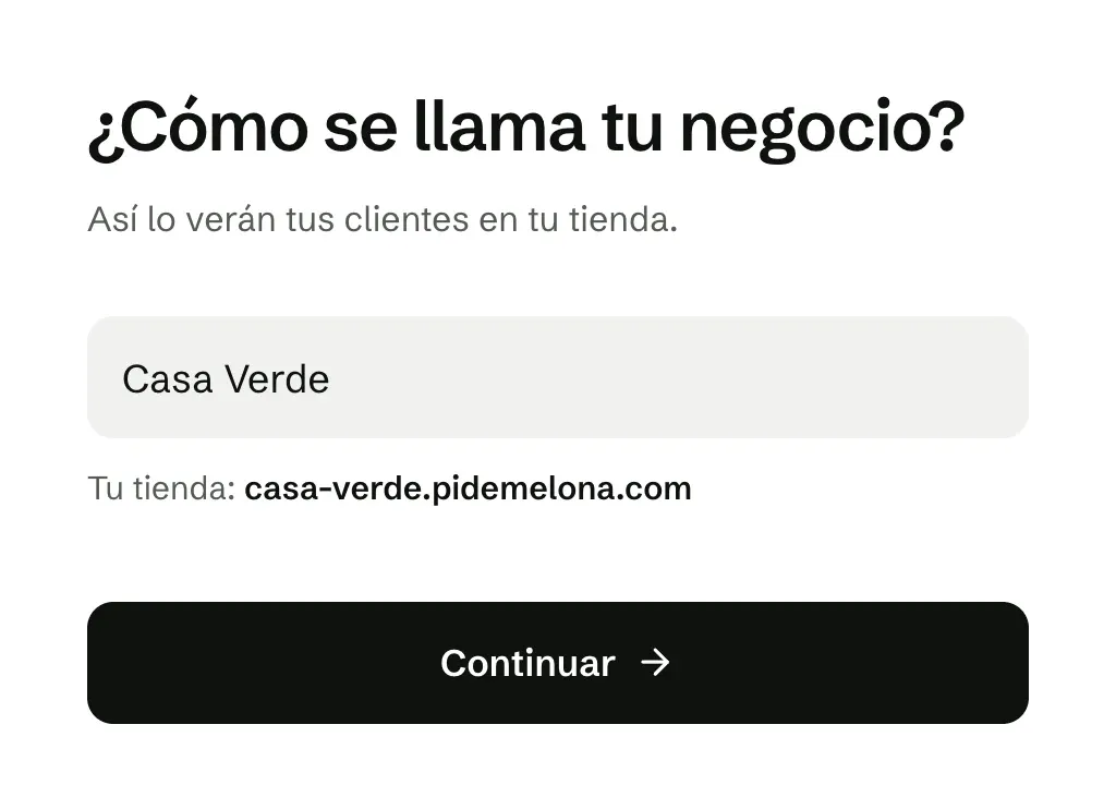 El primer paso del registro: el nombre del negocio y el link de la tienda